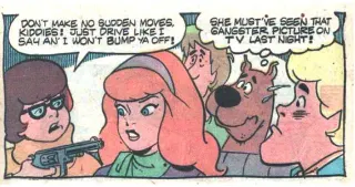 Velma Holding Daphne at Gunpoint meme card, common rarity