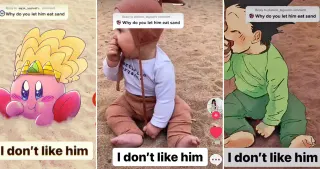 Why Do You Let Him Eat Sand / I Don't Like Him meme card, common rarity