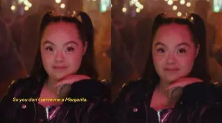 Woman With Down Syndrome Ordering a Margarita meme card, common rarity