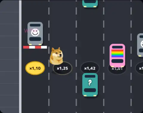 Doge Road en action : Doge traverse les voies et le multiplicateur monte