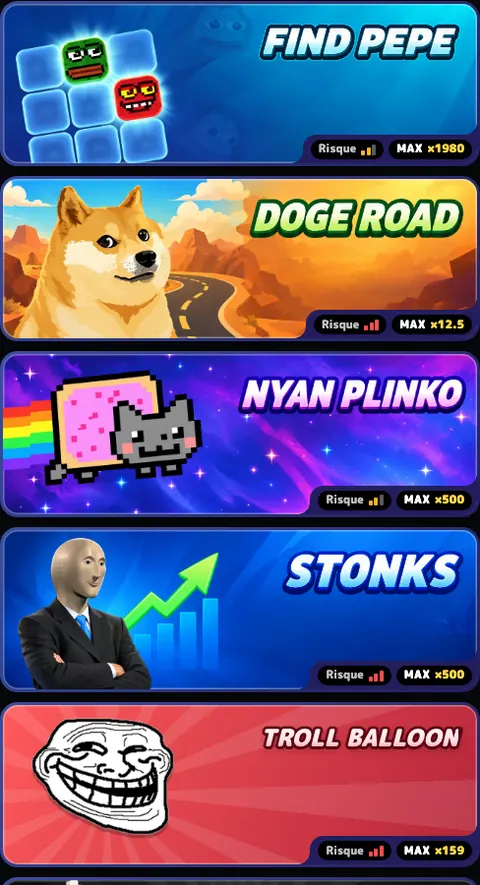 La liste des jeux de MyMemeCards : Find Pepe, Doge Road, Nyan Plinko, Stonks, Troll Balloon