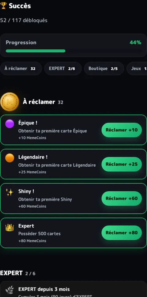 Les succès de MyMemeCards à réclamer, avec leur gain en MemeCoins